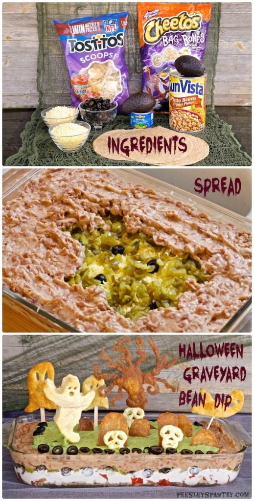 Easy steps to make this Halloween graveyard bean dip. I used tortilla to create the trees and headstones, and pillsbury crescent dough to make the ghosts. Can be enjoyed warm or cold.