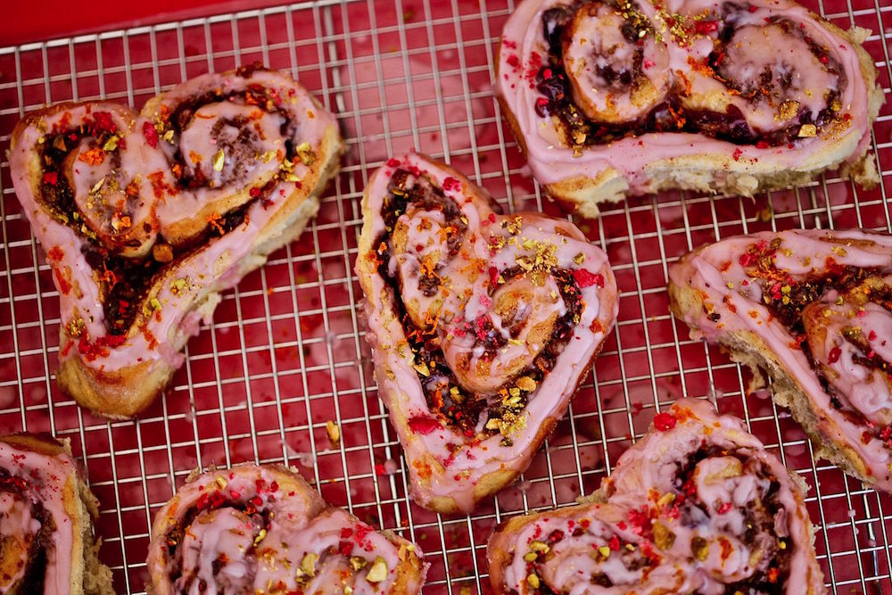 Cinnamon Roll Hearts filled with cherries, pistachios, and orange zest
