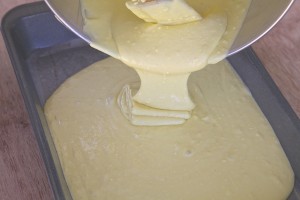 Duncan Hines lemon cake batter being poured into pan
