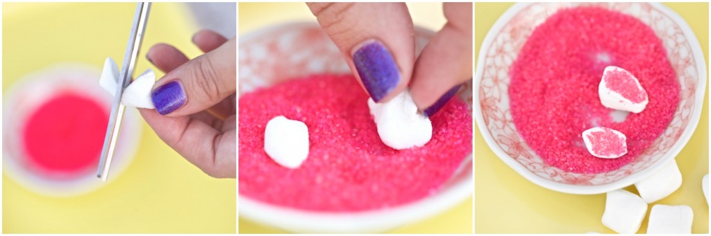 cut marshmallows diagonally and dip in colored sugar to make marshmallow flowers