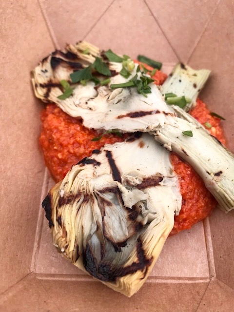 Grilled and chilled artichoke hearts with romesco