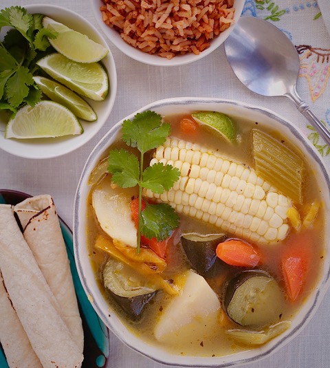 Mexican Style Vegetable Soup served with Mexican rice and corn tortillas. Caldo De Vegetales