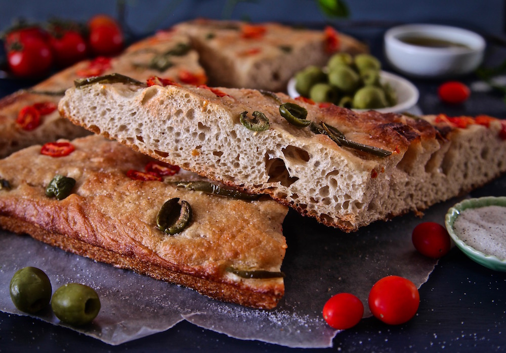 Tomato Olive Jalapeño Focaccia is a nice mix of Italy meets California all wrapped up in a billowy bread. 