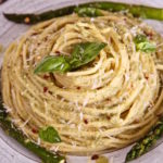 This pesto spaghetti is shaped like a volcano and so divine on the palate. Basil Asparagus Spaghetti