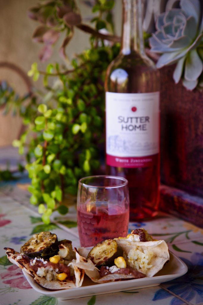 Vegetarian Chile Verde paired with Sutter Home White Zinfandel on the patio. 