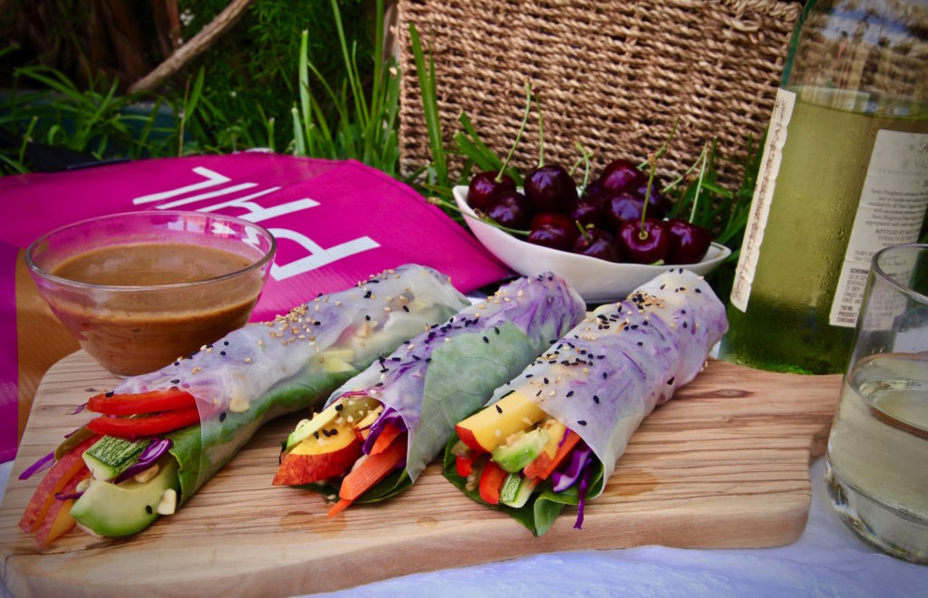 Full flavored fresh vegan spring rolls are also gluten free. They pack perfectly for a picnic at the Hollywood Bowl for the Movie Concert series!