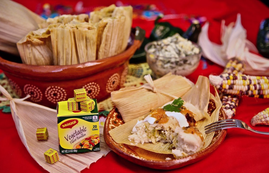 Rajas and cheese tamales made with Nestle Maggi vegetable bouillon.
