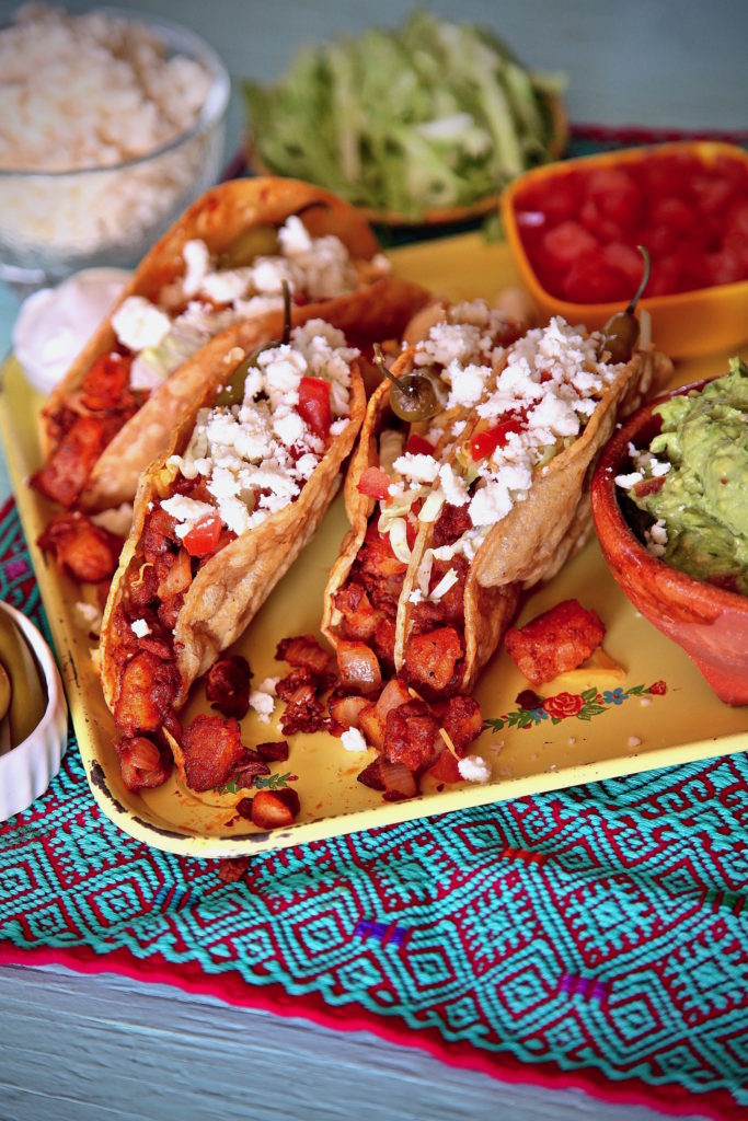 Soy Chorizo Potato Tacos can be enjoyed either vegan or add cheese for a vegetarian bite. 